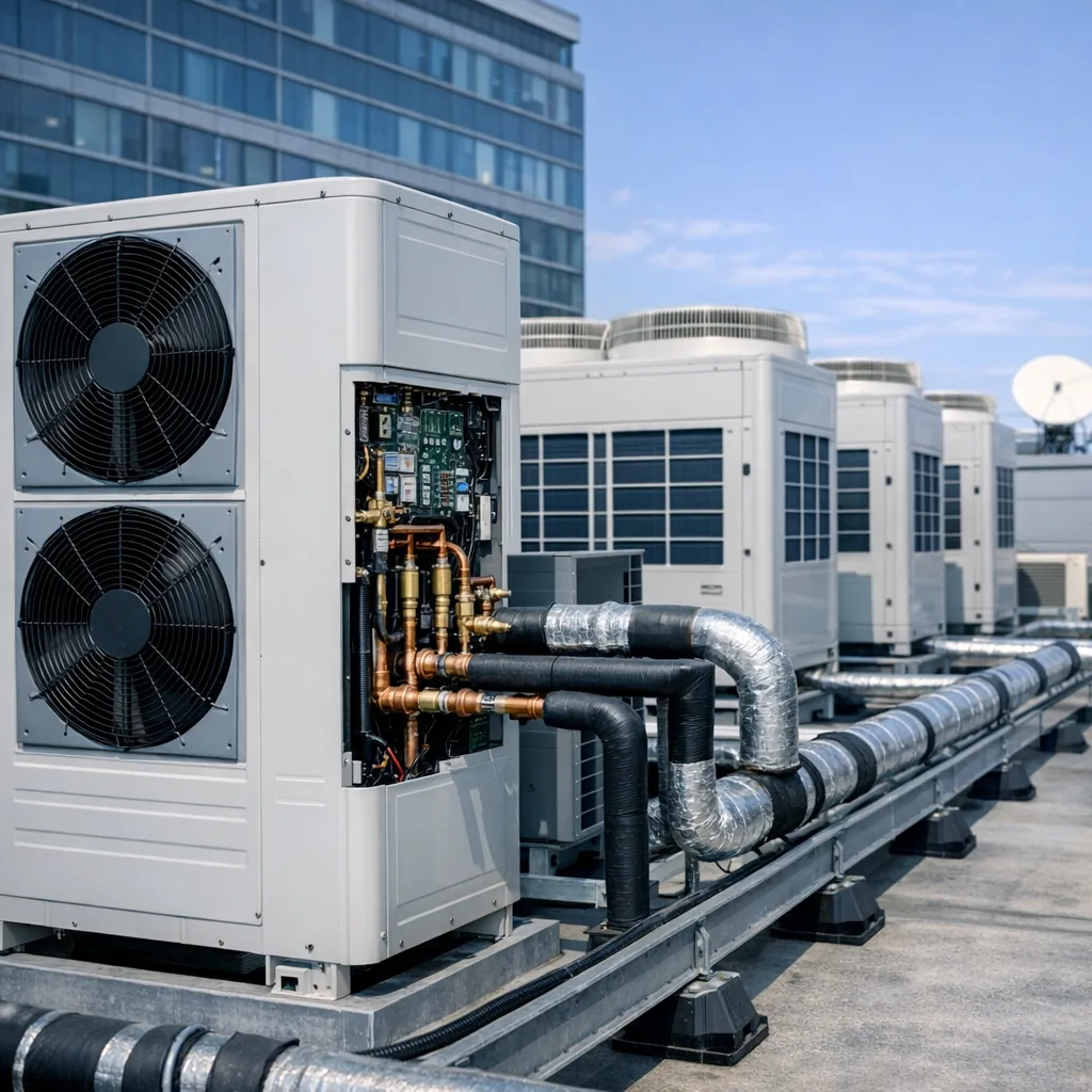 Sistema VRF instalado em telhado de prédio comercial
